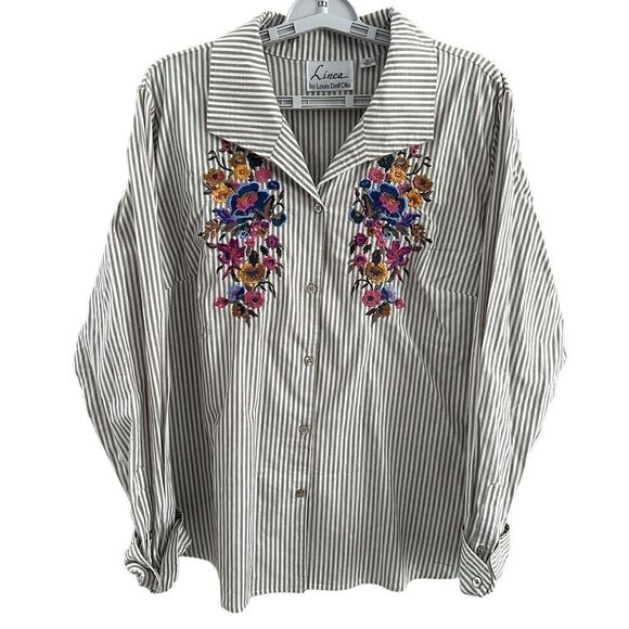 Linea by Louis‎ Dell'Olio Tan Stripe Colorful Embroidered Flowers Blouse Size XL - Picture 1 of 6